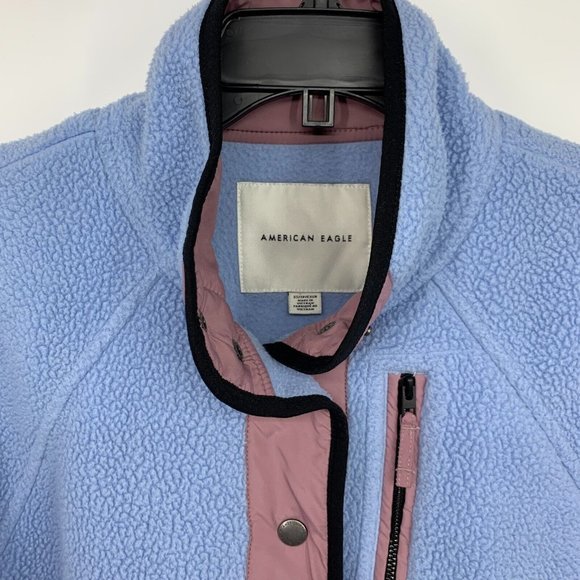 American Eagle Jacket Blue Sherpa Button Snap Mock Neck Zip Pocket - Picture 4 of 14
